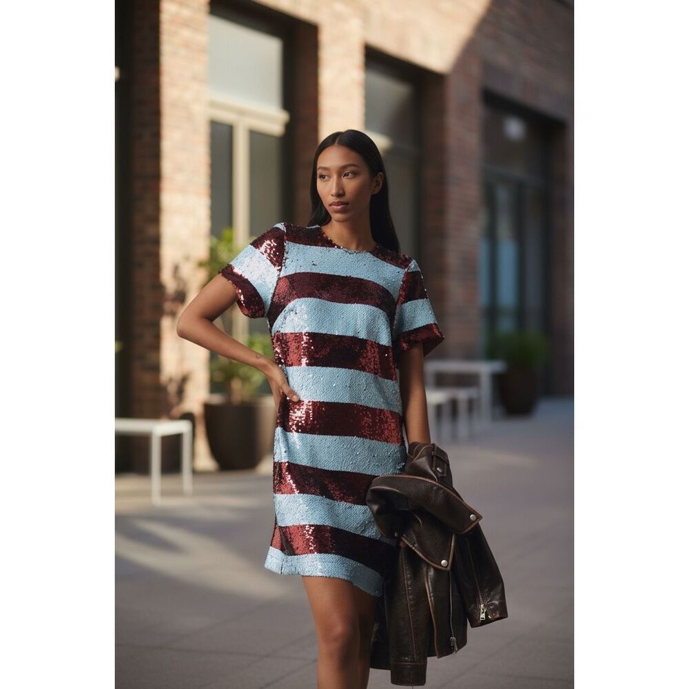 NWT Anthropologie Maeve Short-Sleeve Sequin Striped Mini Polo Dress Women's XXS